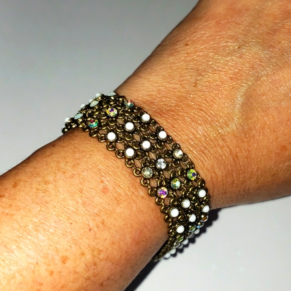 NWT LAUREN G ADAMS PEWTER BRACELET PEARL AND CRYSTAL - Picture 1 of 4